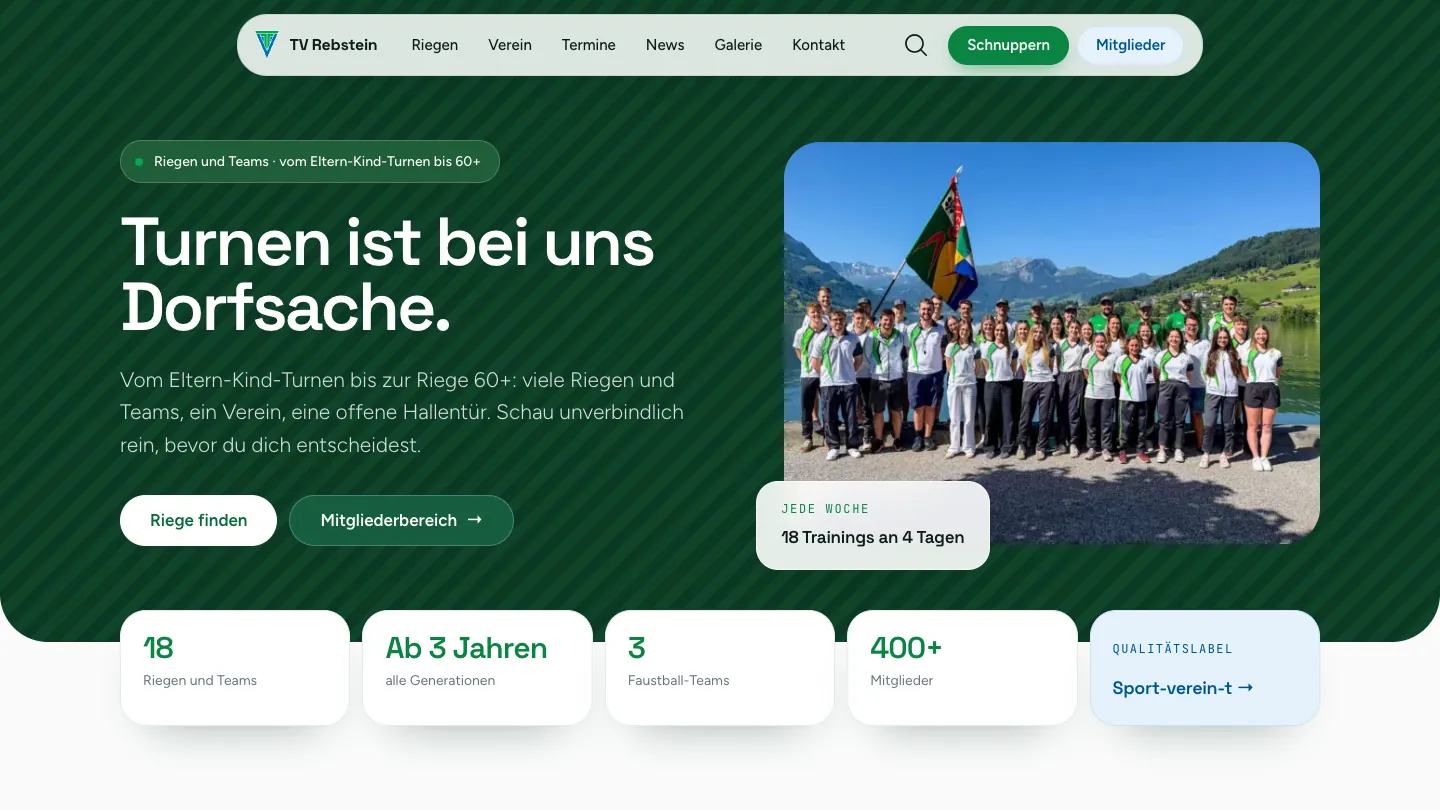 Startseite der neuen Website des TV Rebstein